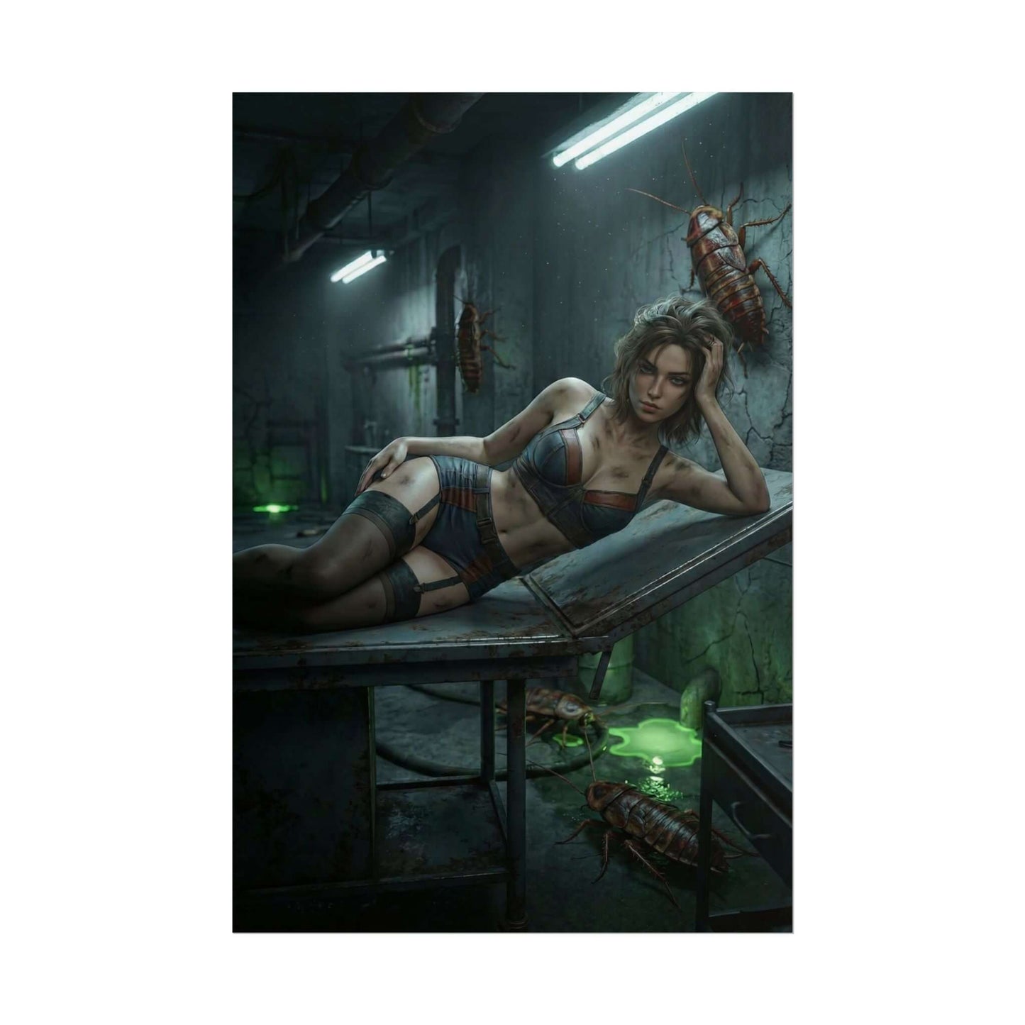 Fallout Dark Woman Poster / Fallout Wasteland Wall Art / Fallout Art Print / Fallout Poster - moody reclining wasteland woman in shadowy underground with glowing green toxin and giant roaches