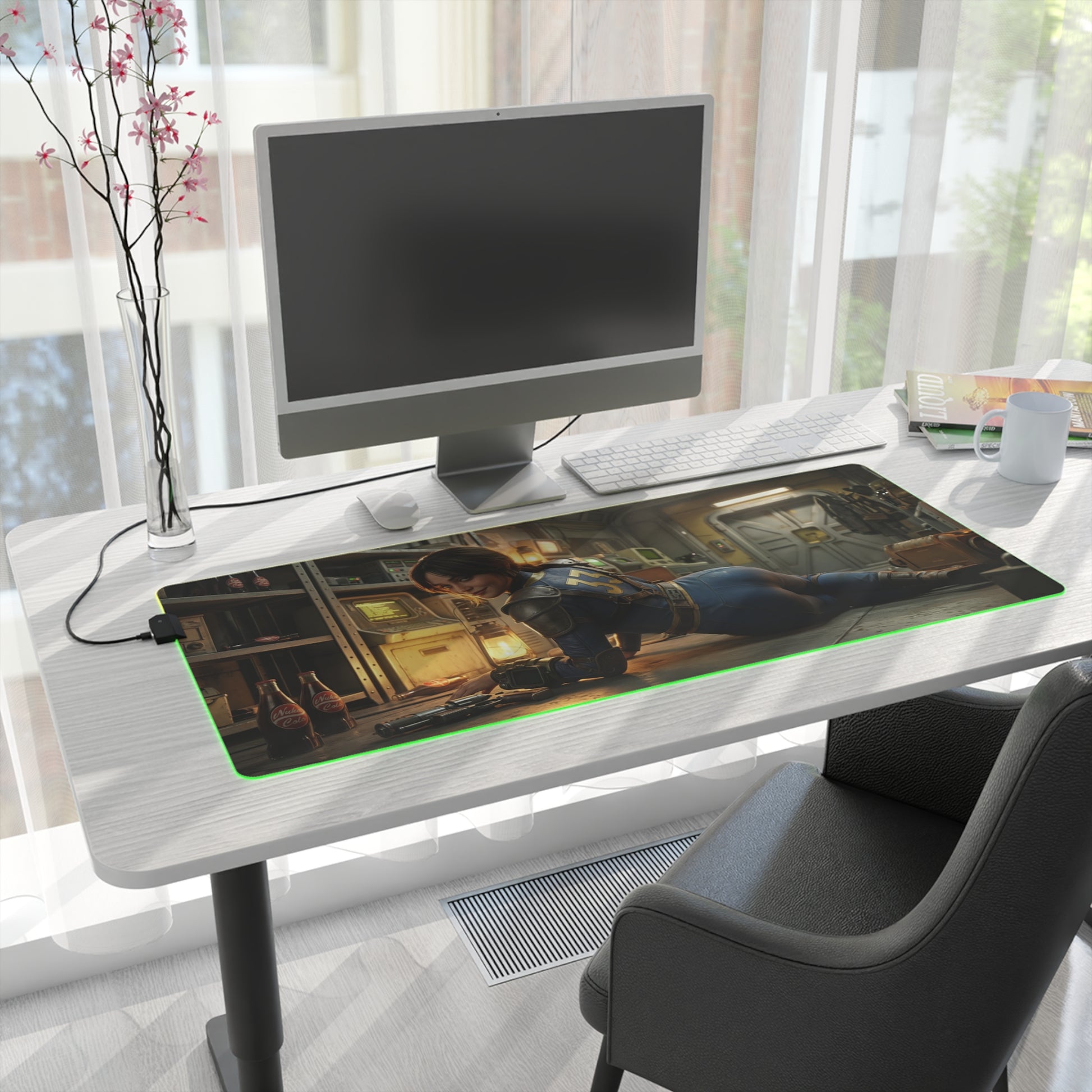 Fallout Mouse Pad – Lucy LED RGB Desk Mat, Vault Gamer Room Decor, Gift for Gamer on desk with green RGB edge, Lucy vault artwork, smooth control surface