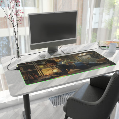 Fallout Mouse Pad – Lucy LED RGB Desk Mat, Vault Gamer Room Decor, Gift for Gamer on desk with green RGB edge, Lucy vault artwork, smooth control surface