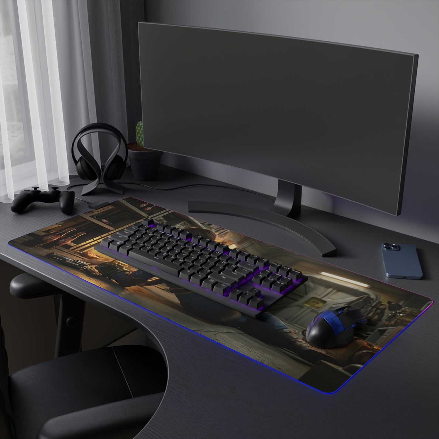 Fallout Mouse Pad – Lucy LED RGB Desk Mat, Vault Gamer Room Decor, Gift for Gamer on curved desk with keyboard mouse and RGB edge