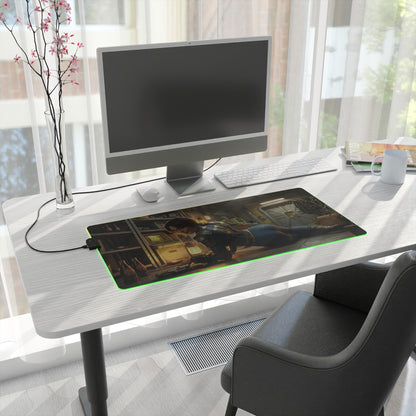 Fallout Mouse Pad – Lucy LED RGB Desk Mat, Vault Gamer Room Decor, Gift for Gamer on a desk with green RGB edge, smooth control surface and anti-slip backing