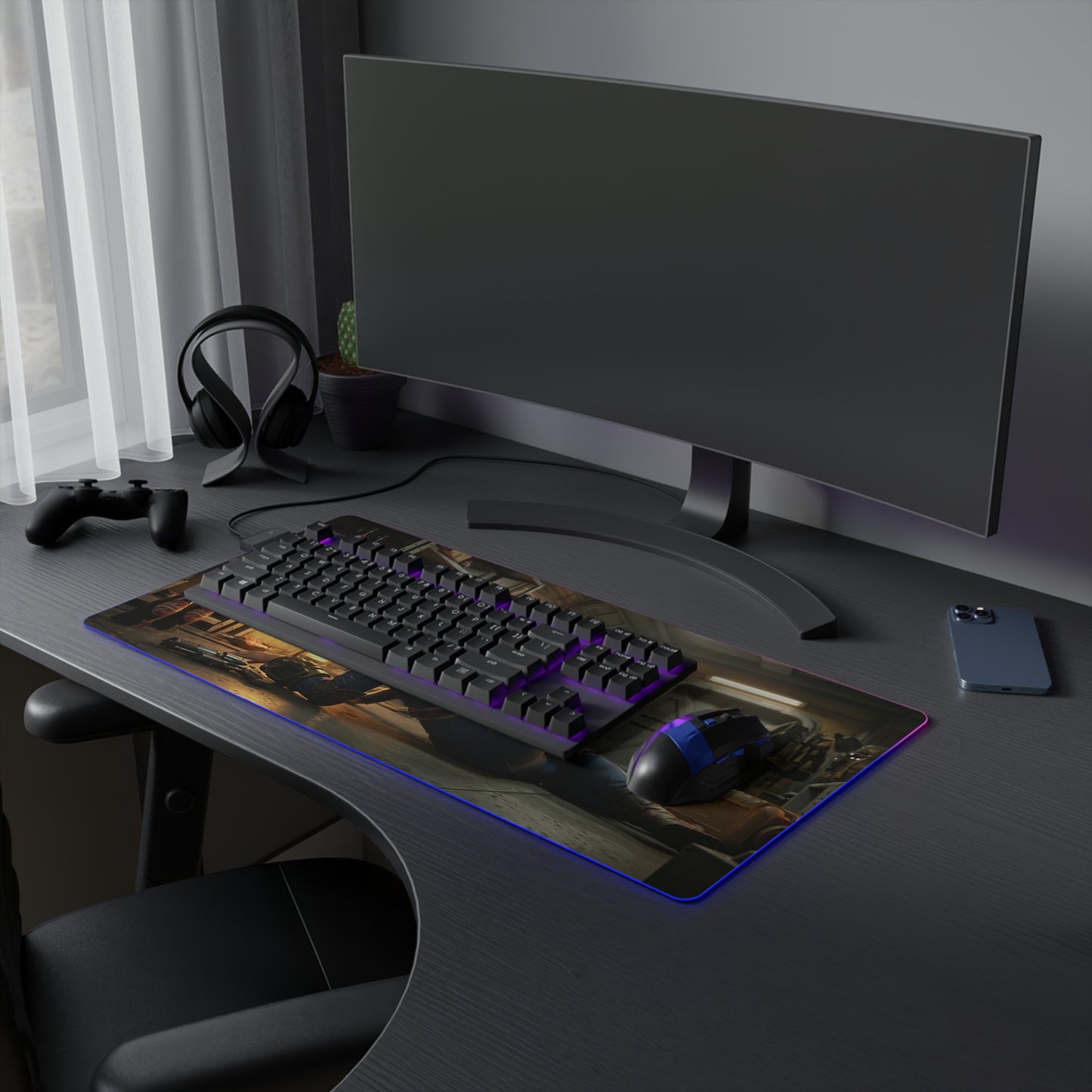 Fallout Mouse Pad – Lucy LED RGB Desk Mat, Vault Gamer Room Decor, Gift for Gamer on desk with RGB edge, keyboard and mouse showcasing retro-futuristic vault scene