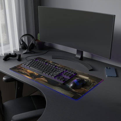 Fallout Mouse Pad – Lucy LED RGB Desk Mat, Vault Gamer Room Decor, Gift for Gamer on desk with RGB edge, keyboard and mouse showcasing retro-futuristic vault scene