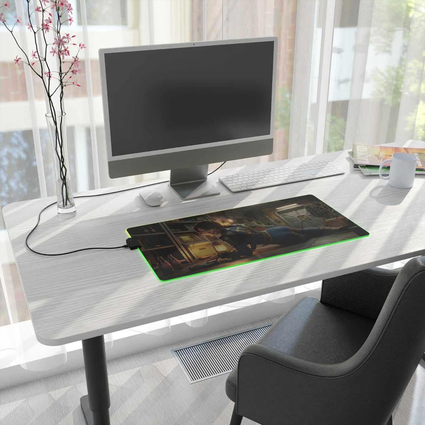 Fallout Mouse Pad – Lucy LED RGB Desk Mat, Vault Gamer Room Decor, Gift for Gamer on a modern desk with green RGB edge and smooth control surface