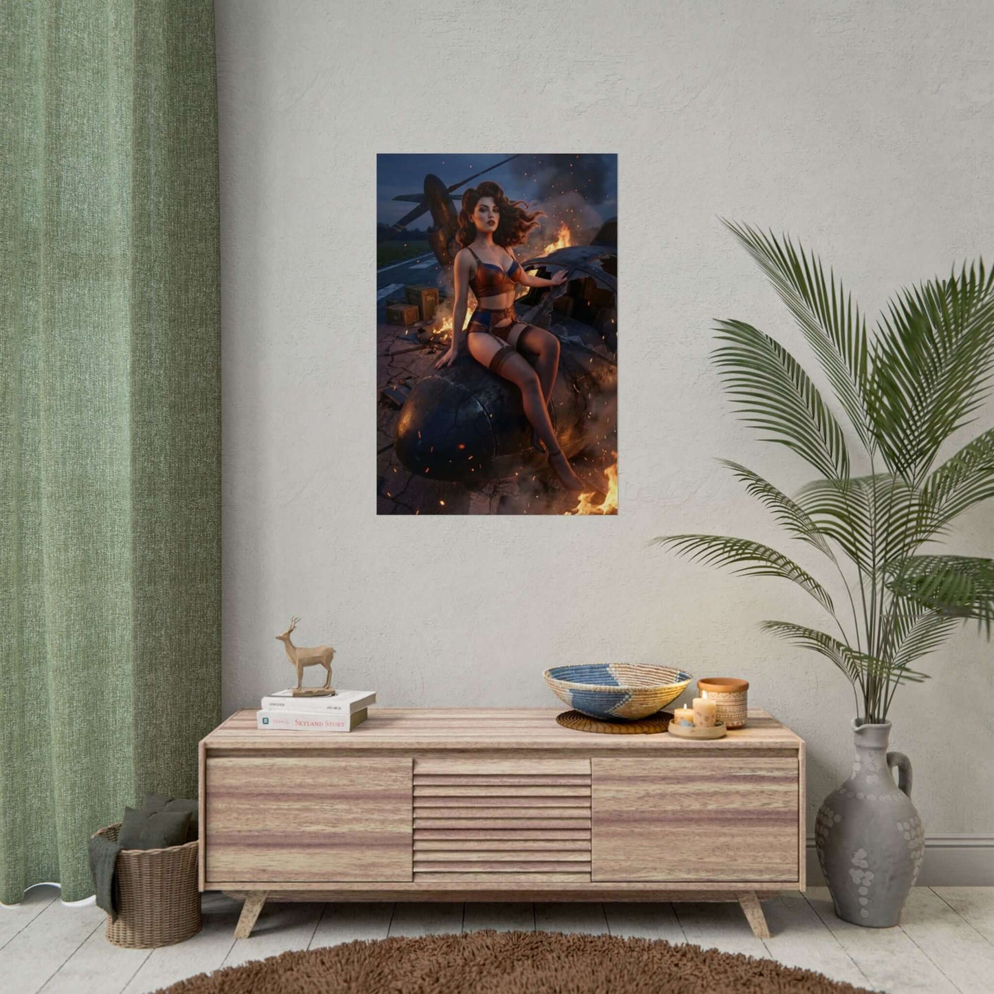 Fallout Pin-Up Woman Poster / Fallout Pin-Up Wall Art / Fallout Art Print / Fallout Poster - cinematic pin-up woman posed in wasteland with bold silhouette