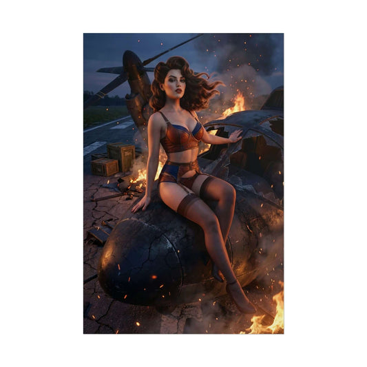 Fallout Pin-Up Woman Poster / Fallout Pin-Up Wall Art / Fallout Art Print / Fallout Poster - cinematic pin-up woman seated on wreckage in fiery wasteland