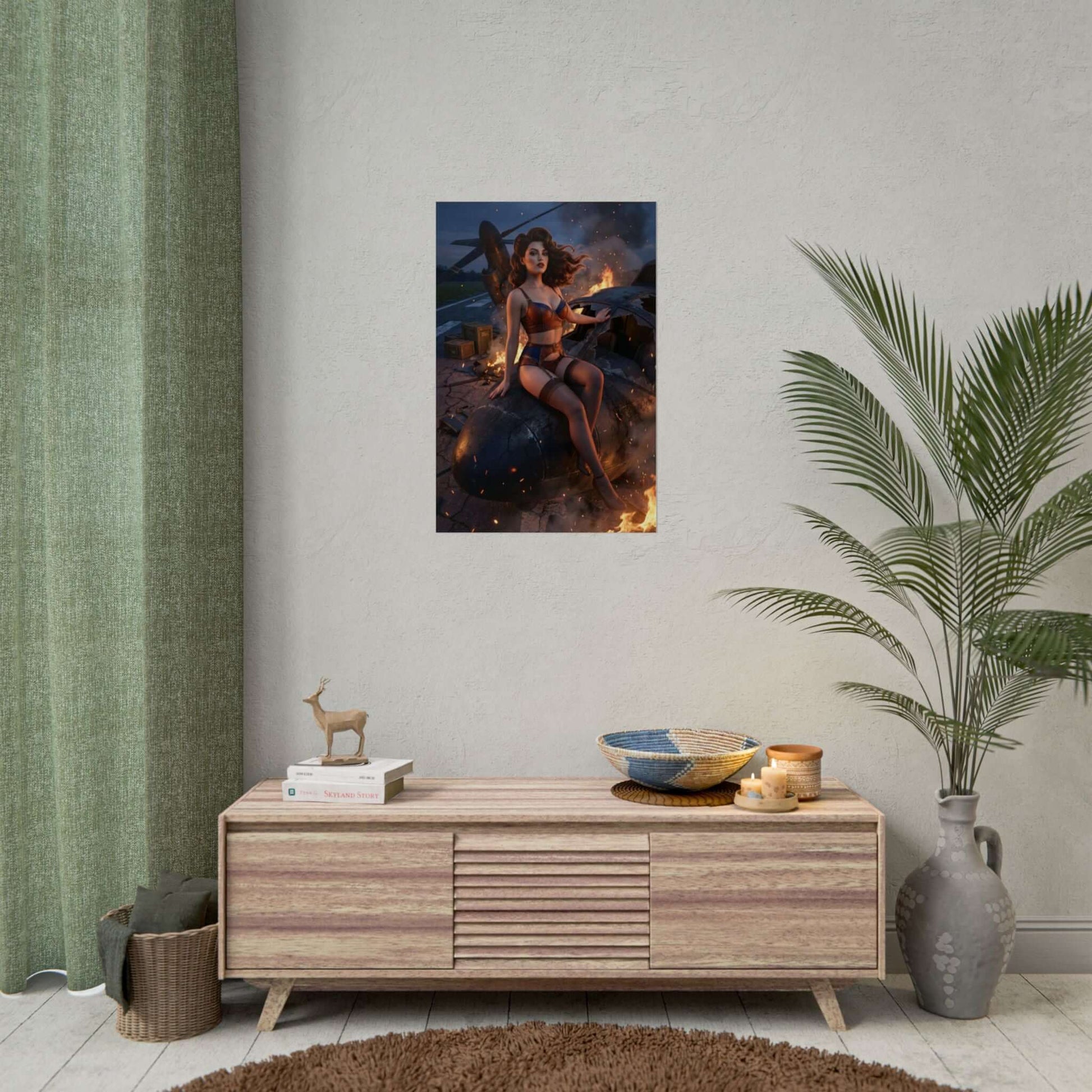 Fallout Pin-Up Woman Poster / Fallout Pin-Up Wall Art / Fallout Art Print / Fallout Poster - cinematic pin-up woman posed in a dramatic wasteland scene