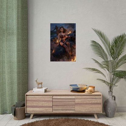 Fallout Pin-Up Woman Poster / Fallout Pin-Up Wall Art / Fallout Art Print / Fallout Poster - cinematic pin-up woman posed in a dramatic wasteland scene