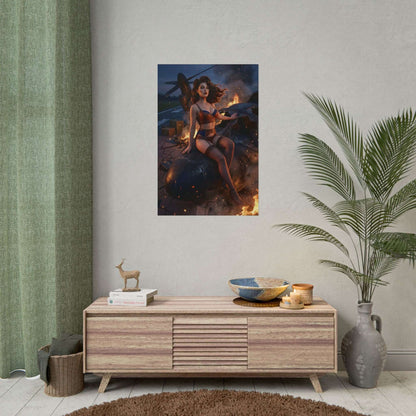 Fallout Pin-Up Woman Poster / Fallout Pin-Up Wall Art / Fallout Art Print / Fallout Poster - cinematic pin-up woman posed in dramatic wasteland