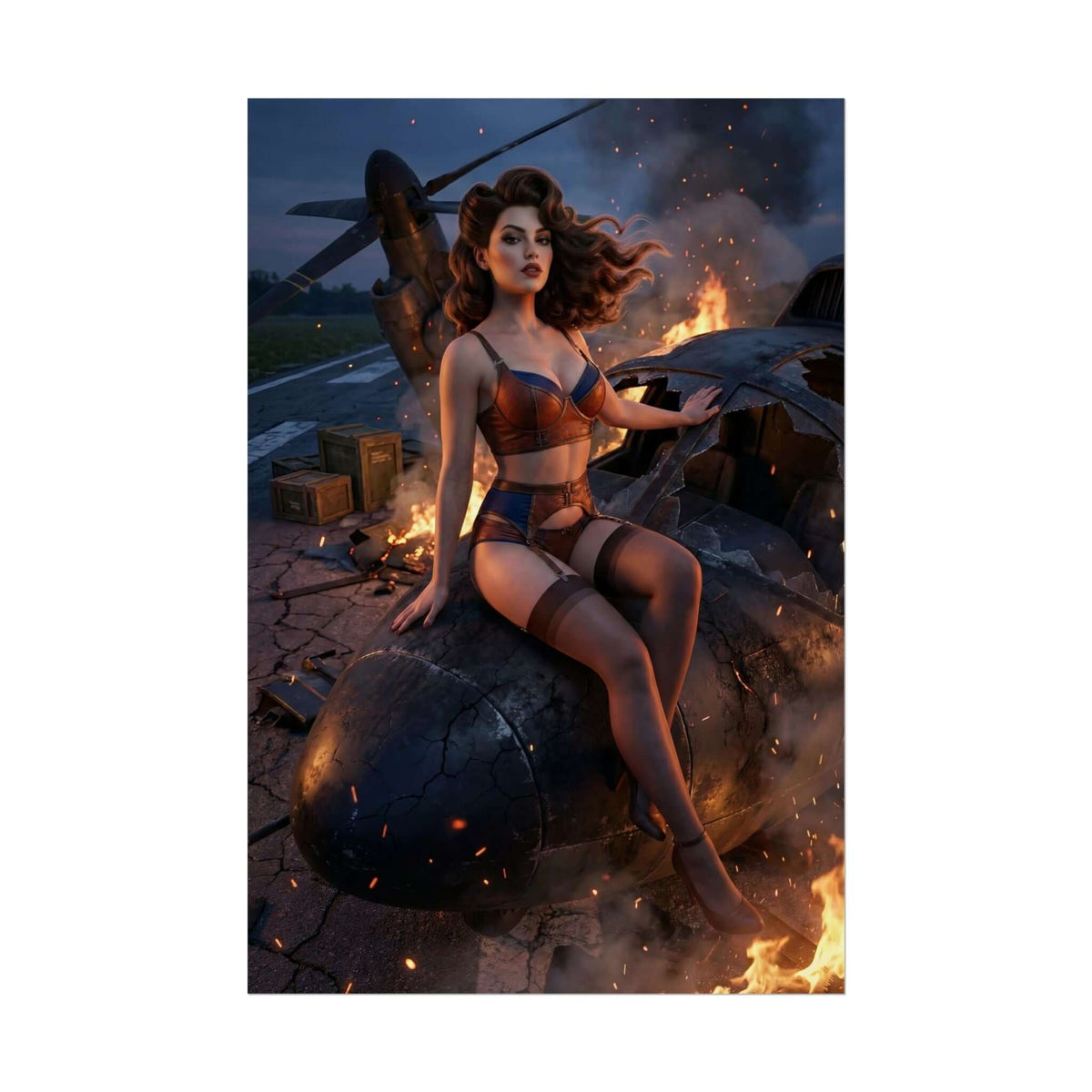 Fallout Pin-Up Woman Poster / Fallout Pin-Up Wall Art / Fallout Art Print / Fallout Poster - cinematic pin-up woman seated on wrecked plane in wasteland