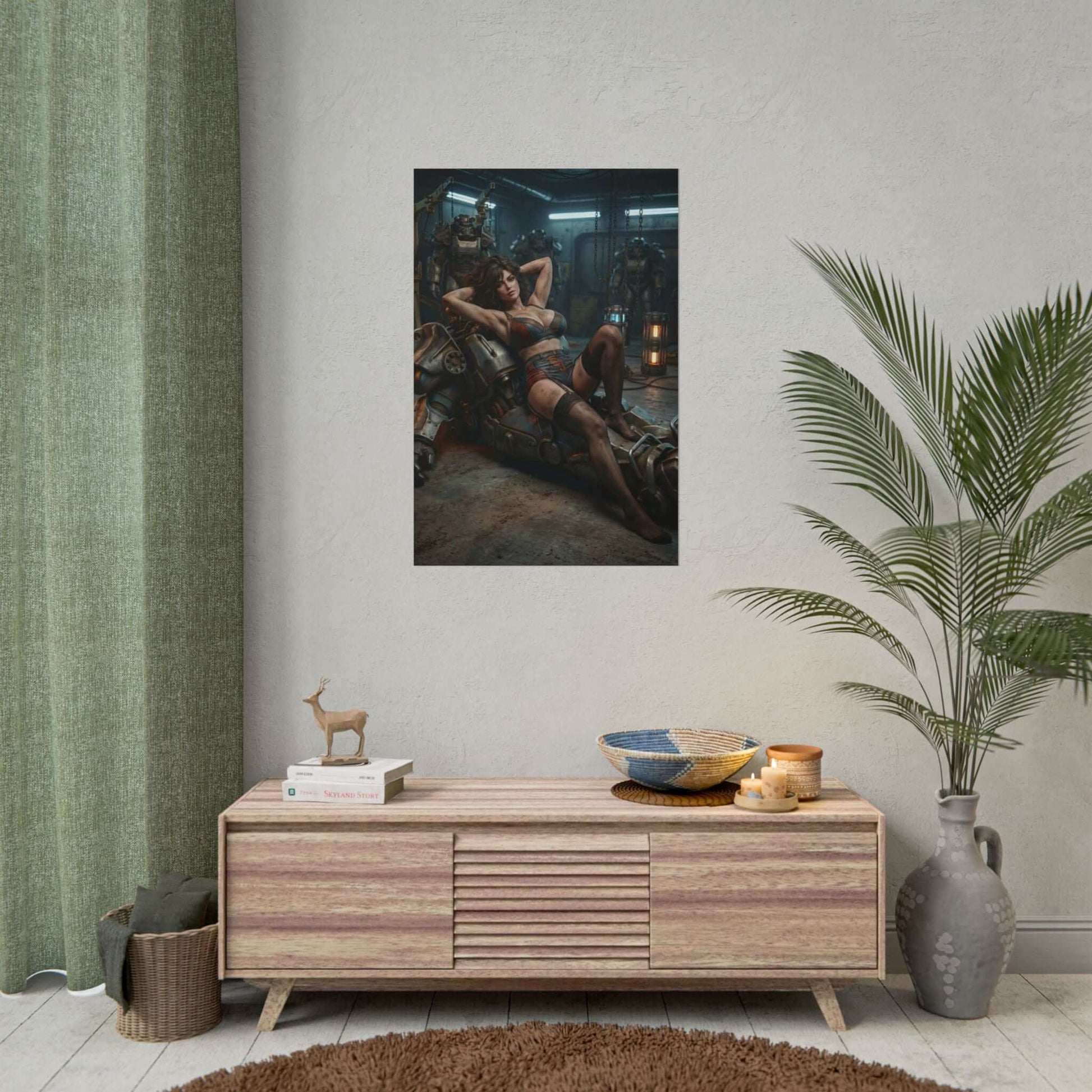 Fallout Power Woman Poster / Fallout Female Wall Art / Fallout Art Print / Fallout Poster — reclining woman with power armor in industrial setting