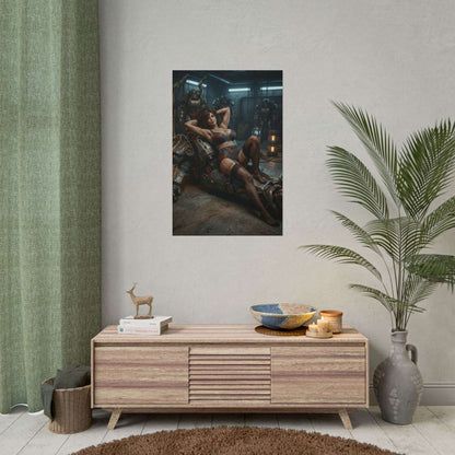 Fallout Power Woman Poster / Fallout Female Wall Art / Fallout Art Print / Fallout Poster — reclining woman with power armor in industrial setting