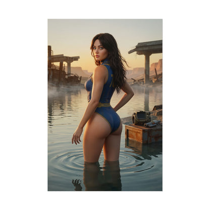 Fallout Poster – Vault Girl Art Print, Post-Apocalyptic Game Wall Art featuring a survivor waist-deep in water wearing a Vault suit in a ruined wasteland