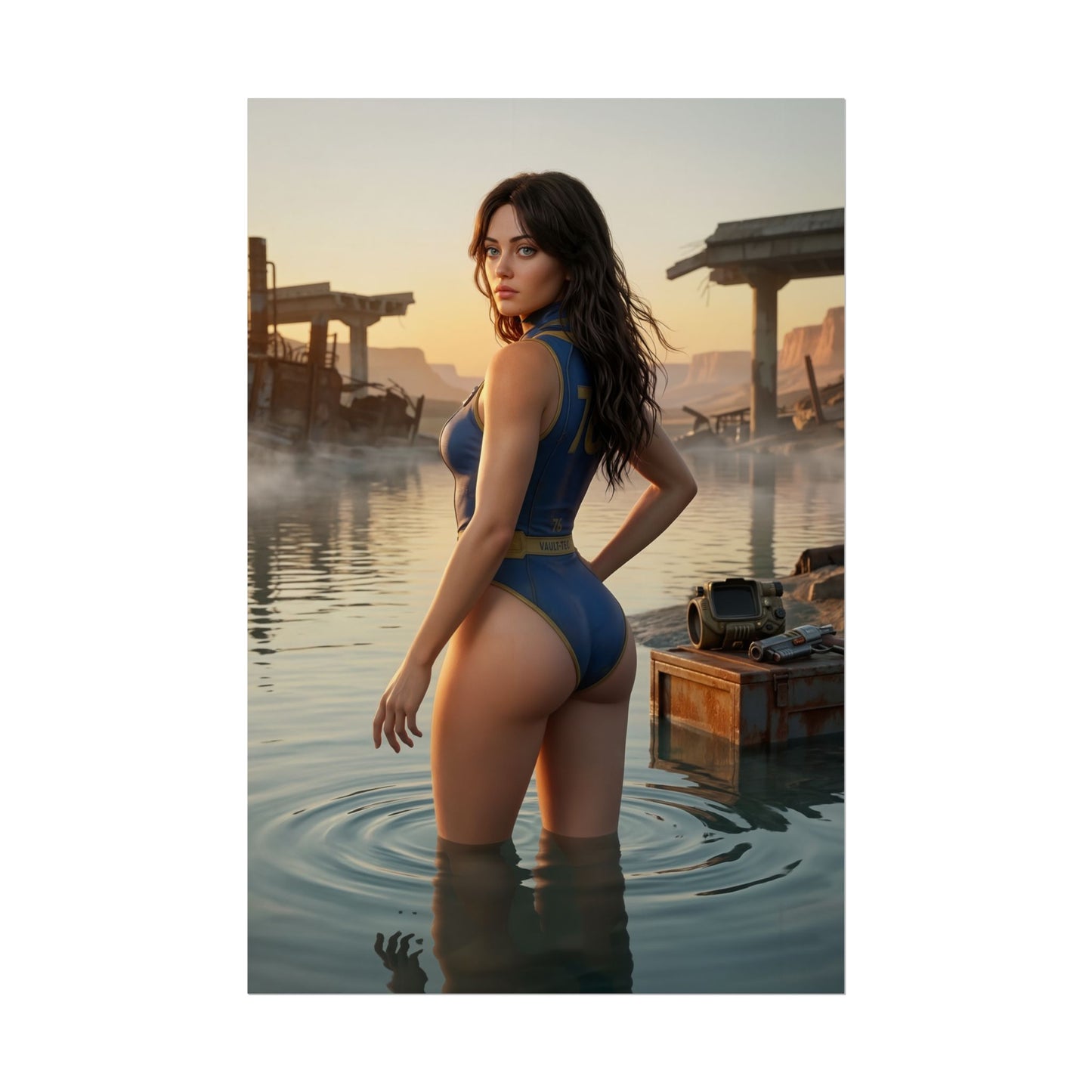 Fallout Poster – Vault Girl Art Print, Post-Apocalyptic Game Wall Art showing Vault suit survivor waist-deep in water amid ruined wasteland