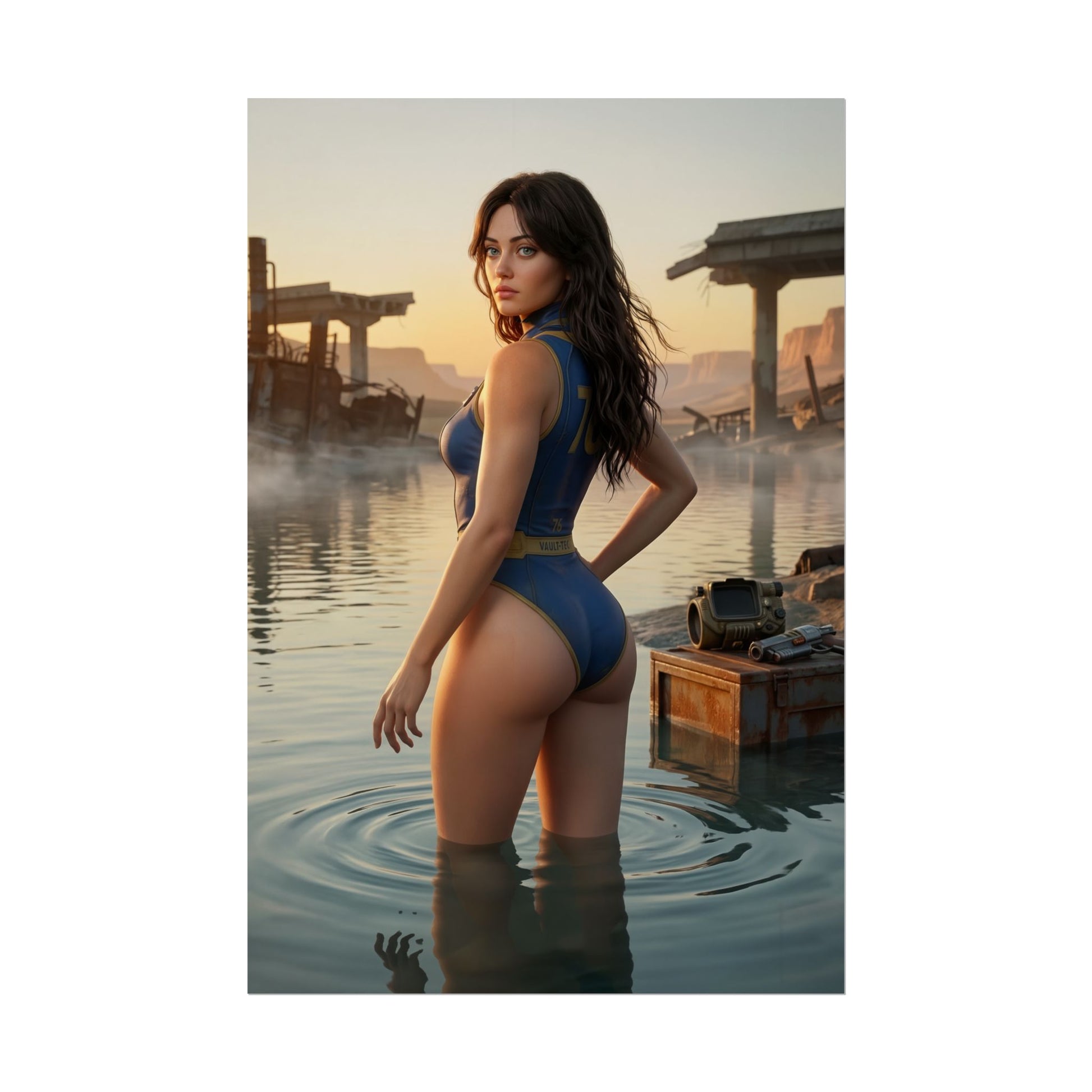 Fallout Poster – Vault Girl Art Print, Post-Apocalyptic Game Wall Art showing a survivor in a Vault suit standing waist-deep in water amid ruined wasteland structures