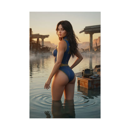 Fallout Poster – Vault Girl Art Print, Post-Apocalyptic Game Wall Art showing a Vault-suit survivor waist-deep in water in a ruined wasteland with abandoned structures