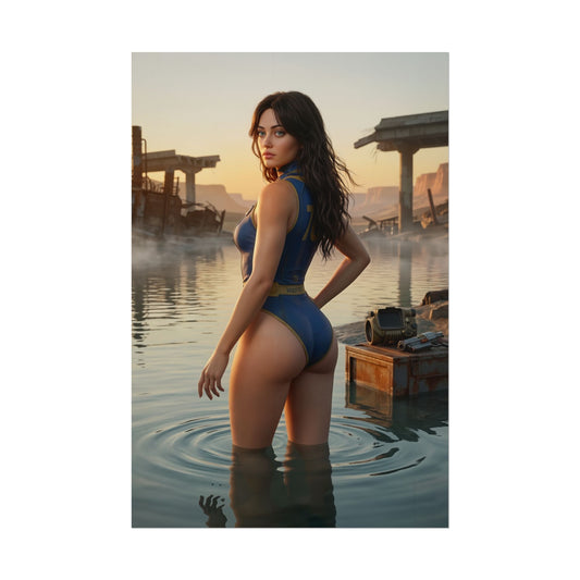 Fallout Poster – Vault Girl Art Print, Post-Apocalyptic Game Wall Art showing a Vault-suit survivor waist-deep in water in a ruined wasteland with abandoned structures