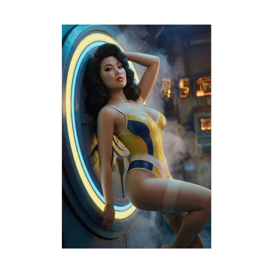 Fallout Vault Pin-Up Poster / Fallout Pin-Up Wall Art / Fallout Pin-Up Art Print / Fallout Poster showing a confident pin-up woman leaning against vault doorway