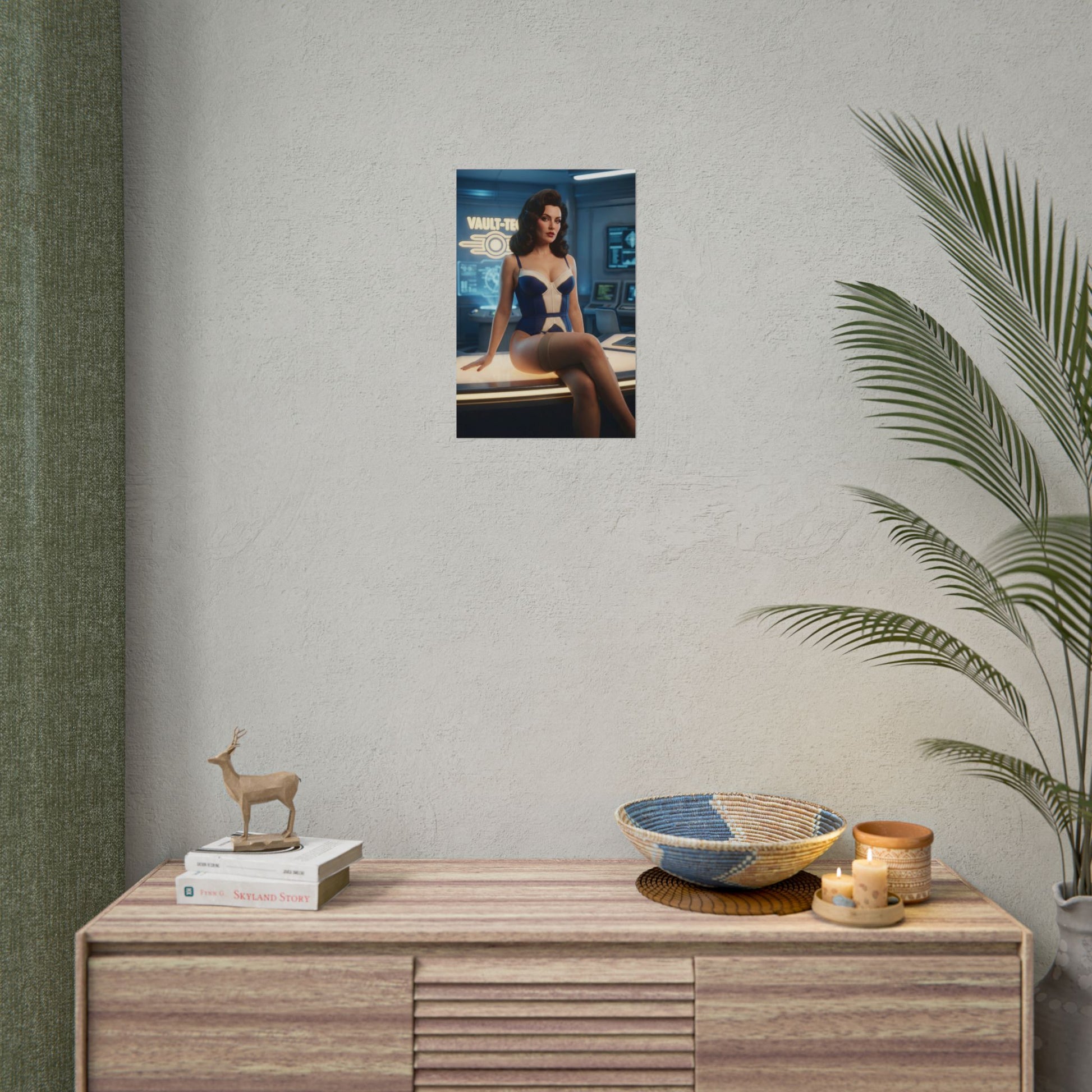 Fallout Vault Seductress Poster / Fallout Vault Wall Art / Fallout Vault Art Print / Fallout Poster - poised woman seated in vault art print