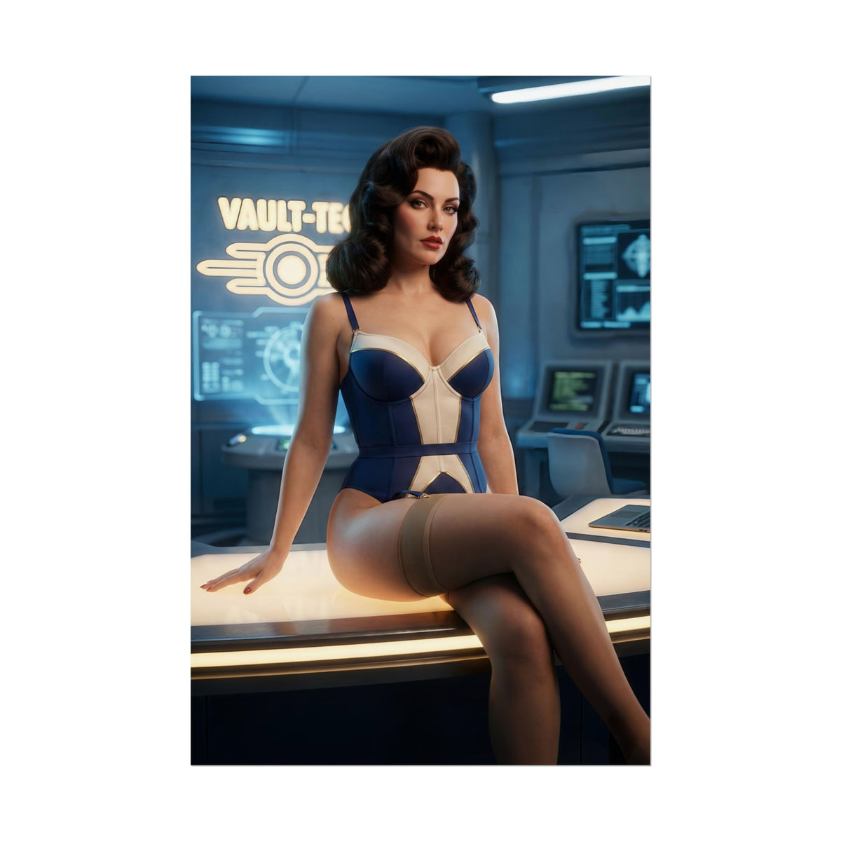 Fallout Vault Seductress Poster / Fallout Vault Wall Art / Fallout Vault Art Print / Fallout Poster  confident seated Vault woman in retro blue outfit, elegant pose