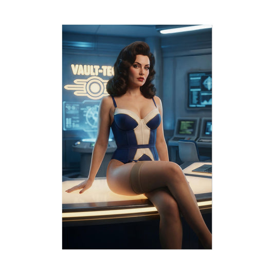Fallout Vault Seductress Poster / Fallout Vault Wall Art / Fallout Vault Art Print / Fallout Poster — poised woman in vault environment, elegant confident pinup art