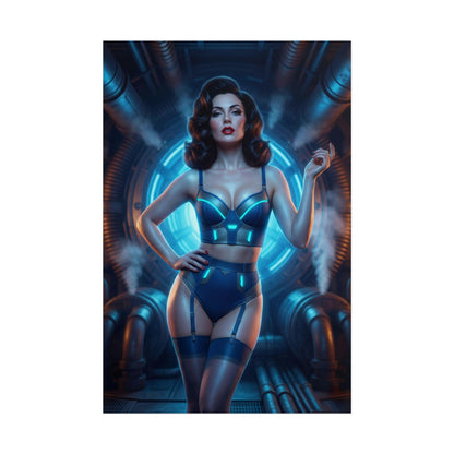 Fallout Vault Beauty Poster / Fallout Vault Wall Art / Fallout Vault Art Print / Fallout Poster - confident Fallout woman in retro‑futuristic vault with glowing blue light