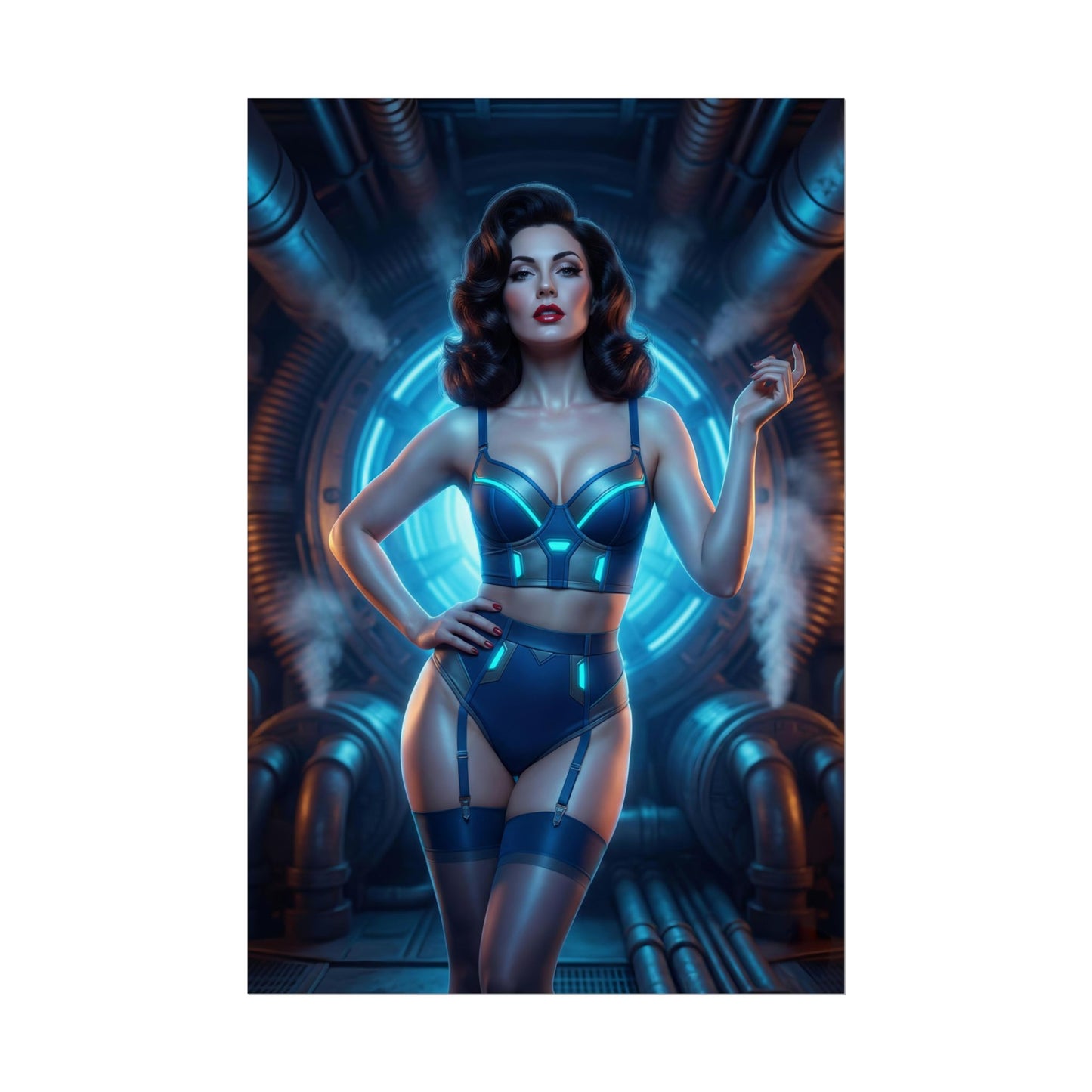 Fallout Vault Beauty Poster / Fallout Vault Wall Art / Fallout Vault Art Print / Fallout Poster - confident Fallout woman in vault with glowing blue light