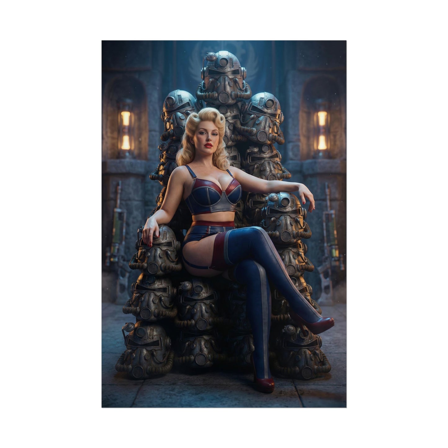 Fallout Woman Poster / Fallout Female Wall Art / Fallout Woman Art Print / Fallout Poster - pinup-style Fallout woman seated on power armor throne projecting strength
