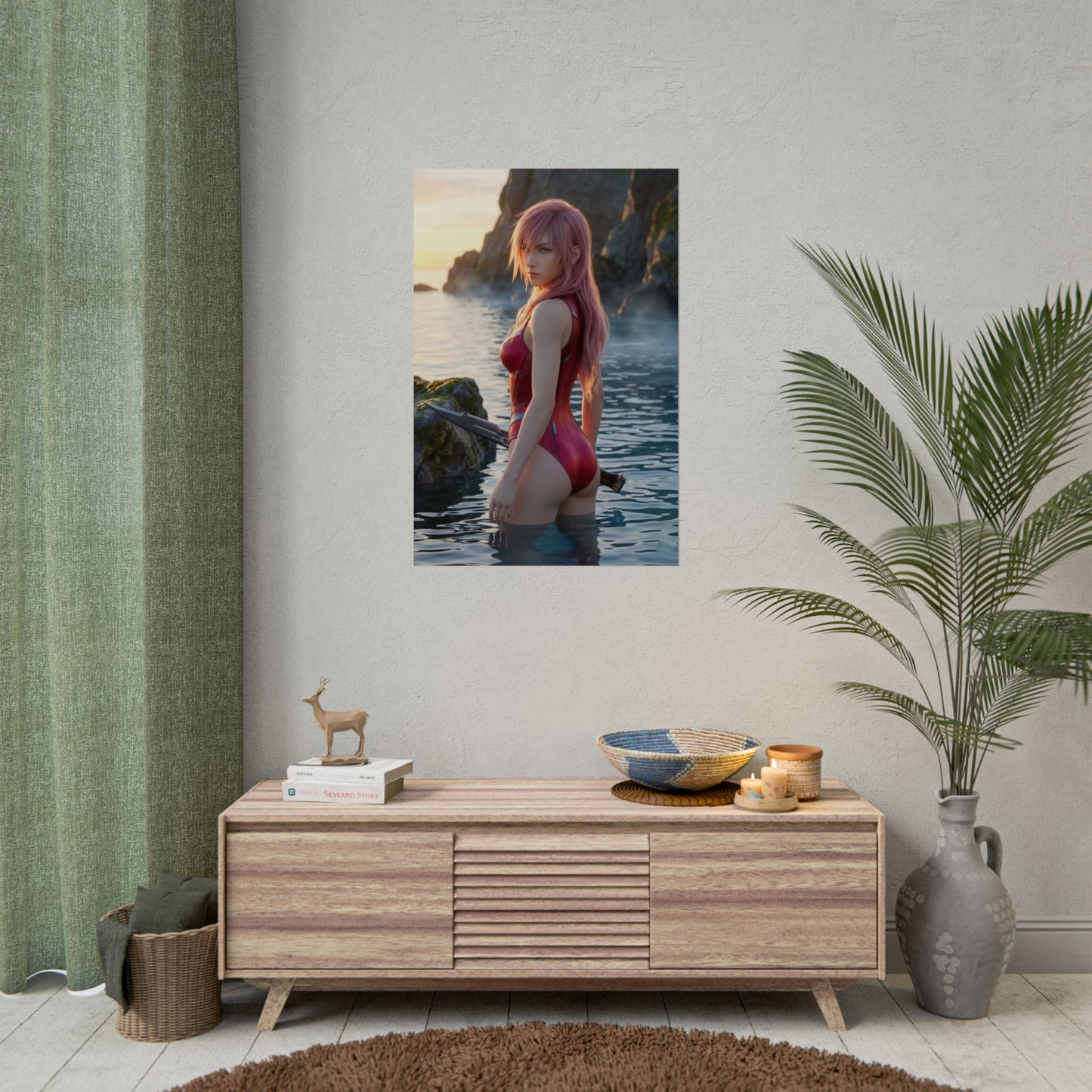 Final Fantasy Poster – Lightning Art Print, Fantasy Game Wall Art featuring Lightning at sunset on a rugged coastline with pink hair and sword