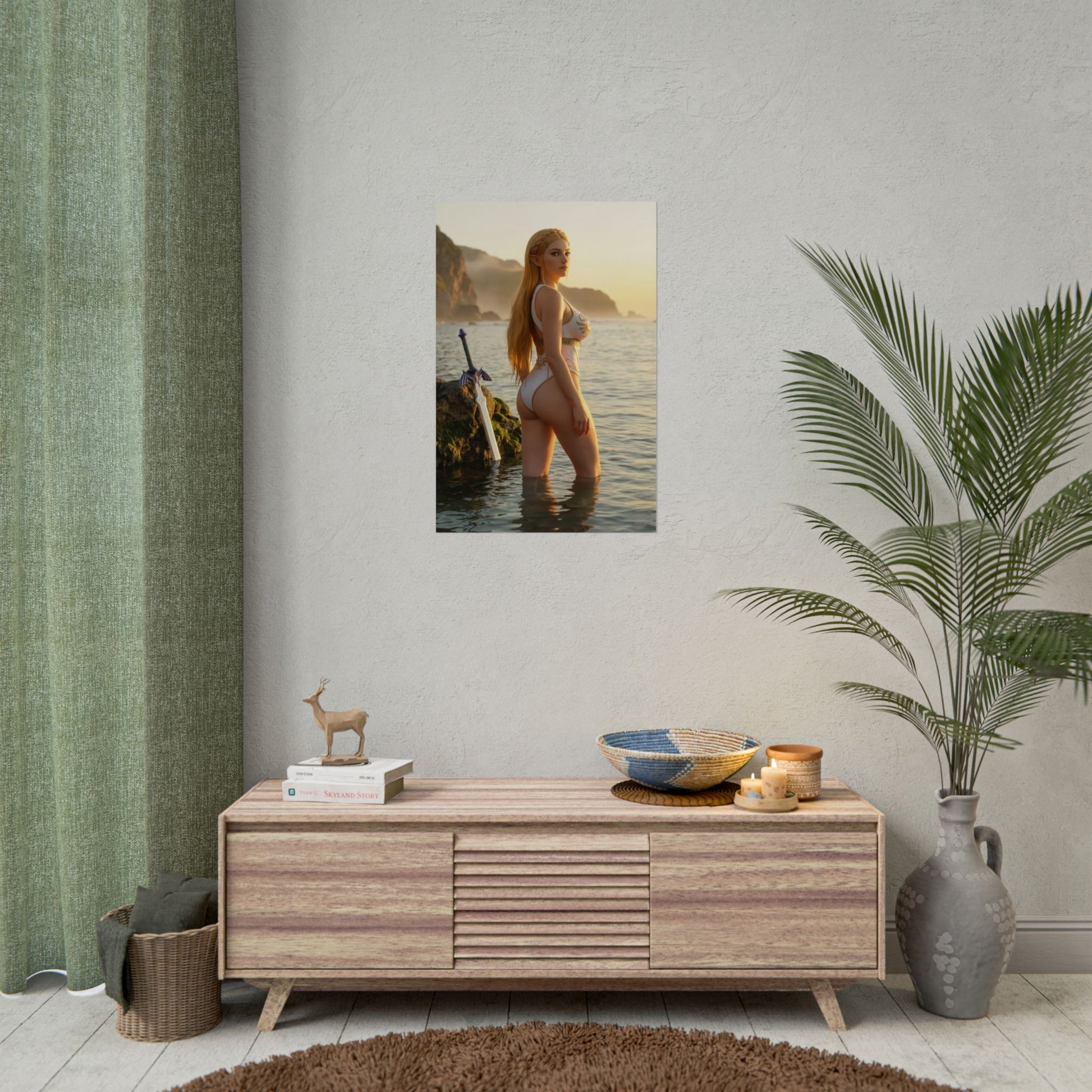Princess Poster – Fantasy Princess Art Print, Adventure Game Wall Art featuring legendary princess in ocean at sunset with sword and white royal attire