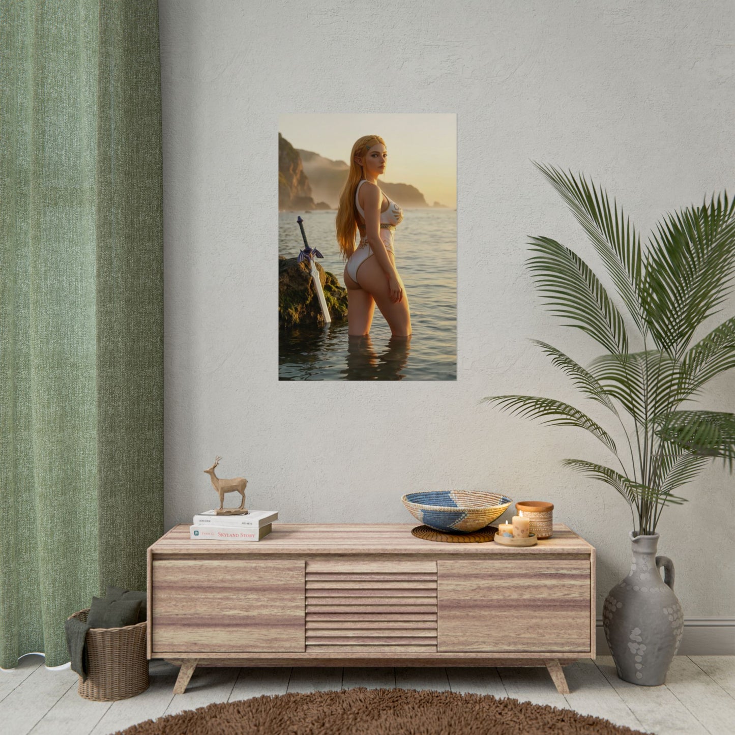 Princess Poster – Fantasy Princess Art Print, Adventure Game Wall Art showing legendary princess in shallow ocean at sunset with sword and cinematic fantasy feel