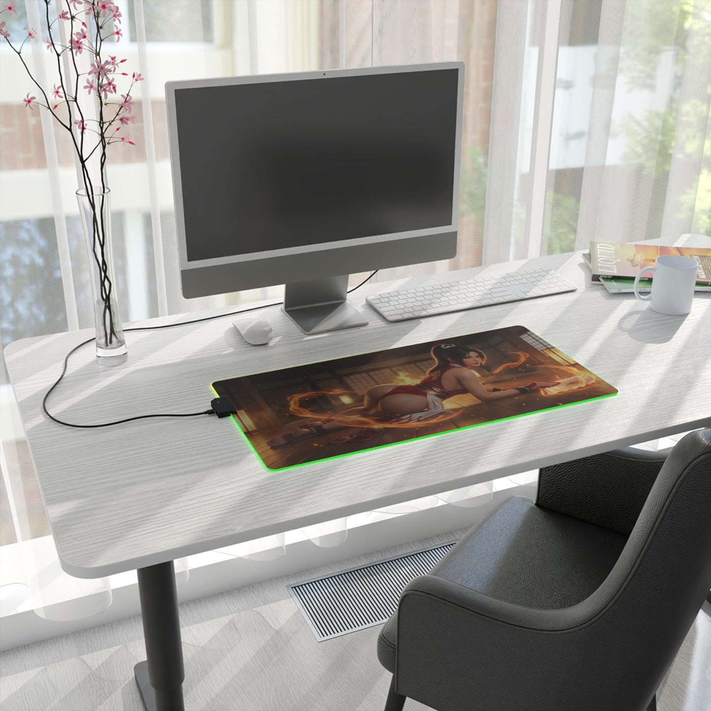 Fatal Fury Mouse Pad – Mai Shiranui LED RGB Desk Mat, Fighting Game Decor, Gift for Gamer on bright gaming desk with green LED glow