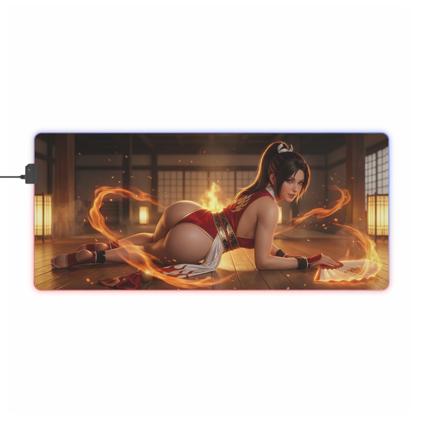 Fatal Fury Mouse Pad – Mai Shiranui LED RGB Desk Mat, Fighting Game Decor, Gift for Gamer showcasing Mai Shiranui in a fiery dojo scene on a large RGB desk mat