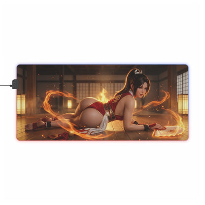 Fatal Fury Mouse Pad – Mai Shiranui LED RGB Desk Mat, Fighting Game Decor, Gift for Gamer showcasing Mai Shiranui in a fiery dojo scene on a large RGB desk mat