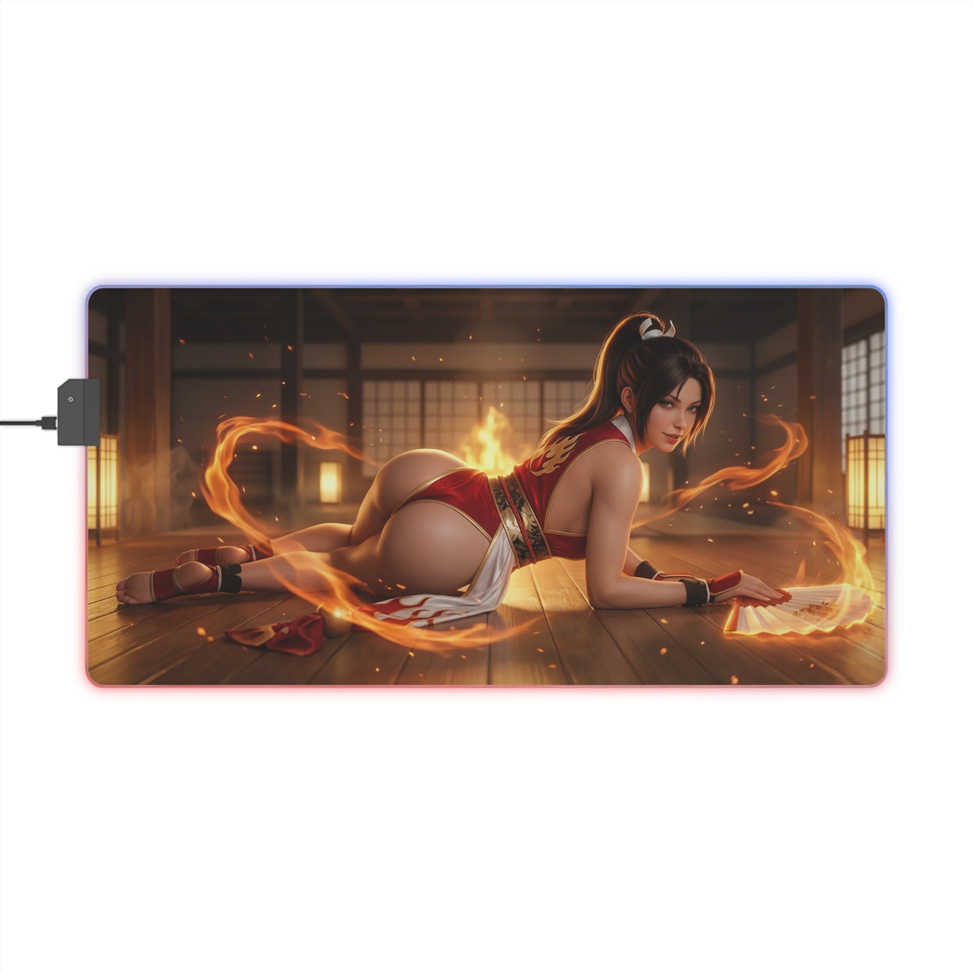 Fatal Fury Mouse Pad – Mai Shiranui LED RGB Desk Mat, Fighting Game Decor, Gift for Gamer showcasing Mai Shiranui in fiery dojo scene, RGB edge lighting