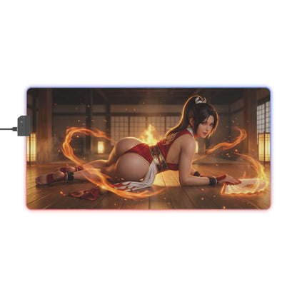 Fatal Fury Mouse Pad – Mai Shiranui LED RGB Desk Mat, Fighting Game Decor, Gift for Gamer showcasing Mai Shiranui in fiery dojo scene, RGB edge lighting