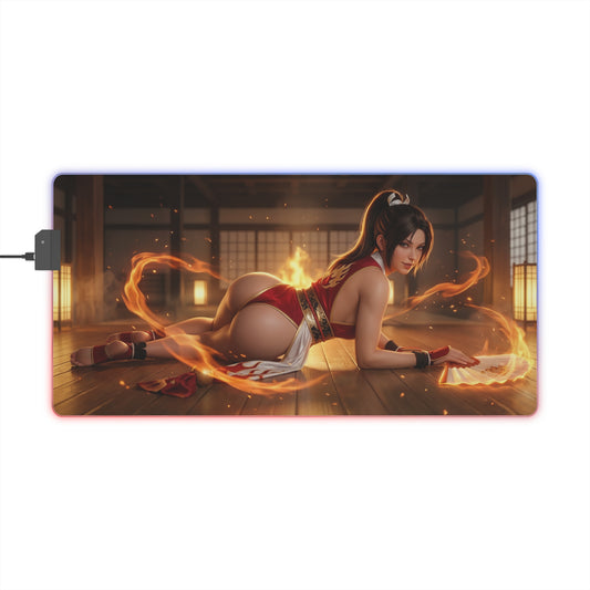 Fatal Fury Mouse Pad – Mai Shiranui LED RGB Desk Mat, Fighting Game Decor, Gift for Gamer showcasing Mai Shiranui in fiery dojo scene, RGB edge lighting