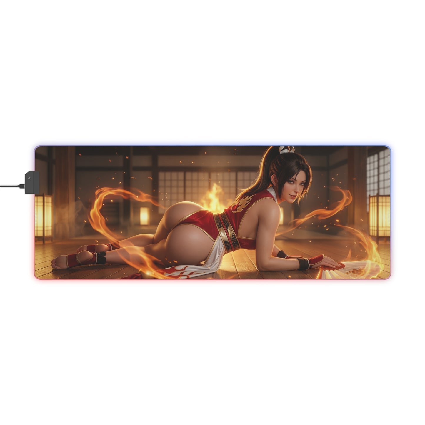 Fatal Fury Mouse Pad – Mai Shiranui LED RGB Desk Mat, Fighting Game Decor, Gift for Gamer - Mai Shiranui on dojo fire-lit gaming desk mat