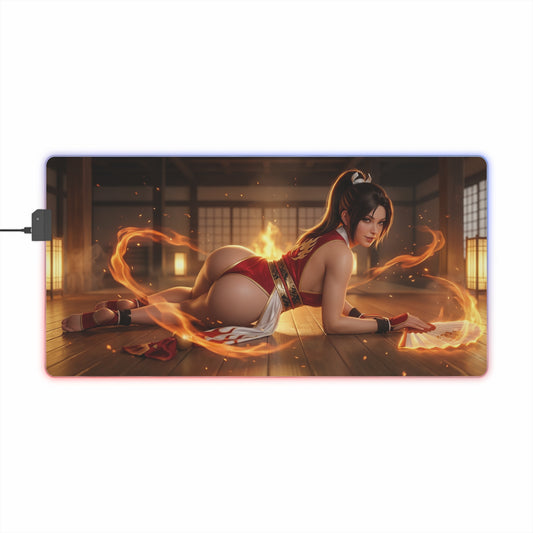 Fatal Fury Mouse Pad – Mai Shiranui LED RGB Desk Mat, Fighting Game Decor, Gift for Gamer — dojo fire-lit scene, precision cloth, non-slip rubber