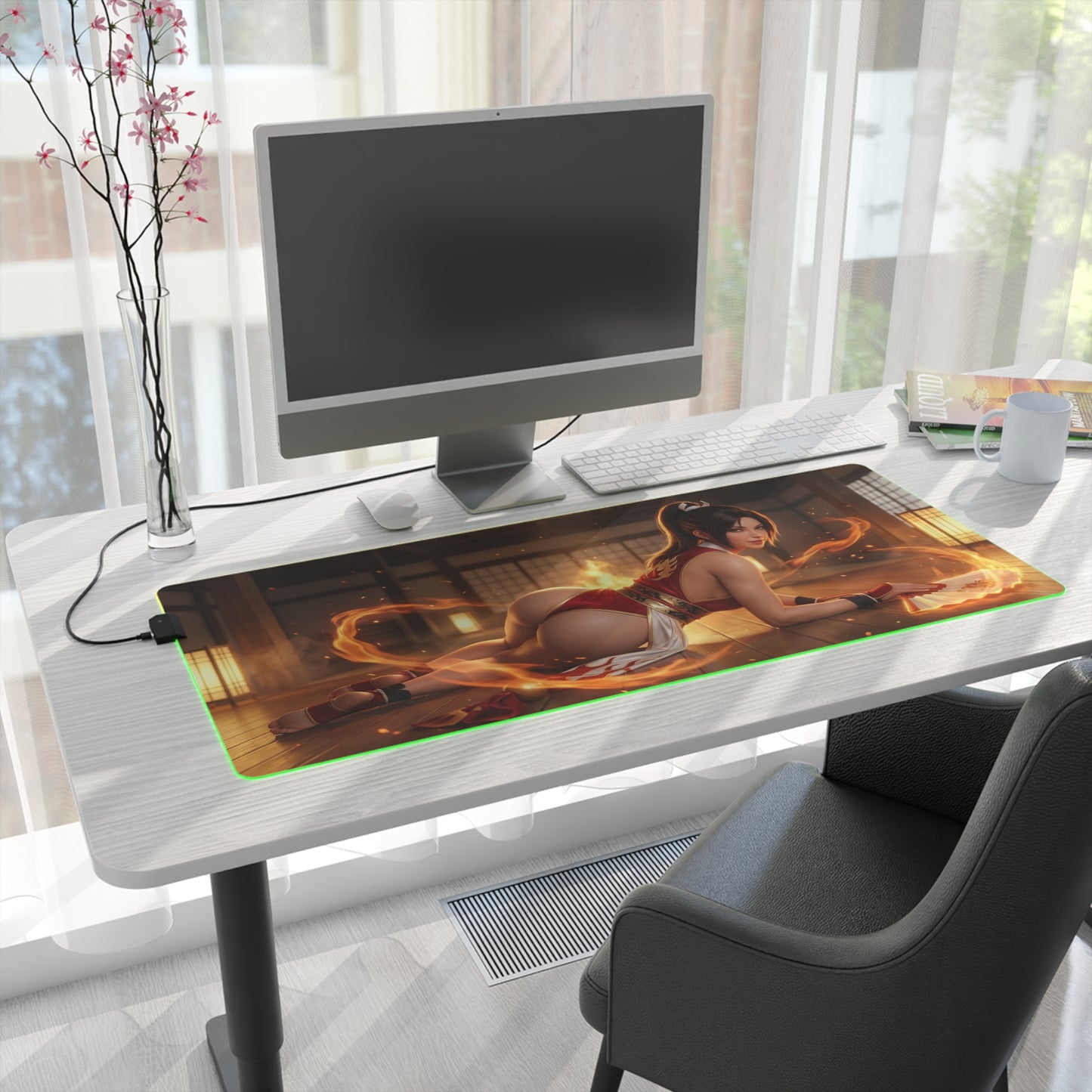 Fatal Fury Mouse Pad – Mai Shiranui LED RGB Desk Mat, Fighting Game Decor, Gift for Gamer on a modern white desk with glowing RGB edge and dojo fire artwork