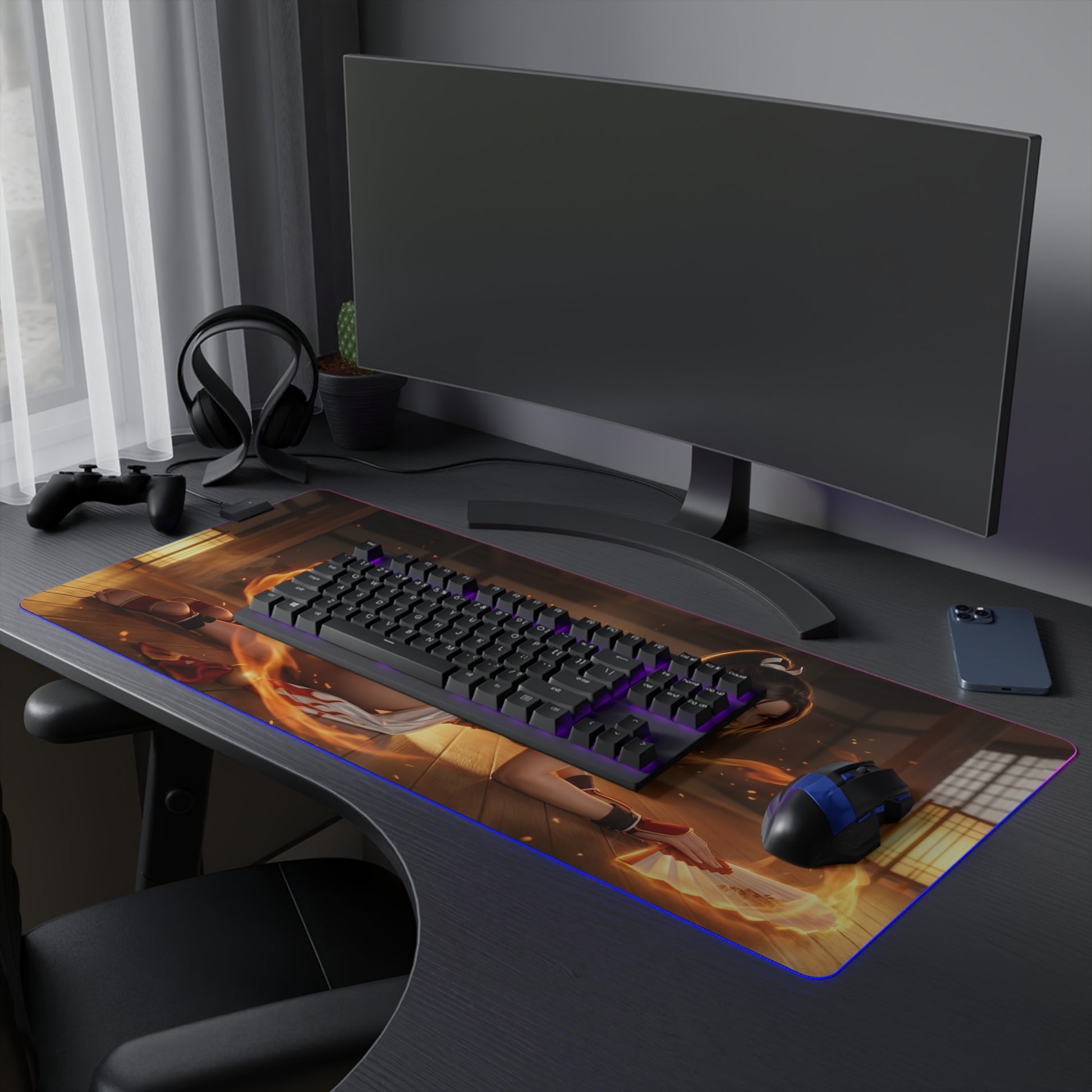 Fatal Fury Mouse Pad – Mai Shiranui LED RGB Desk Mat, Fighting Game Decor, Gift for Gamer on desk with fiery dojo art, RGB edge lighting, keyboard and mouse