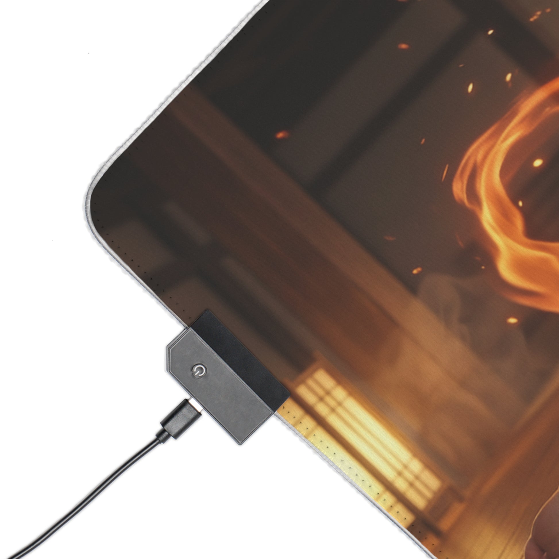 Fatal Fury Mouse Pad – Mai Shiranui LED RGB Desk Mat, Fighting Game Decor, Gift for Gamer showing corner USB LED controller and fiery dojo artwork