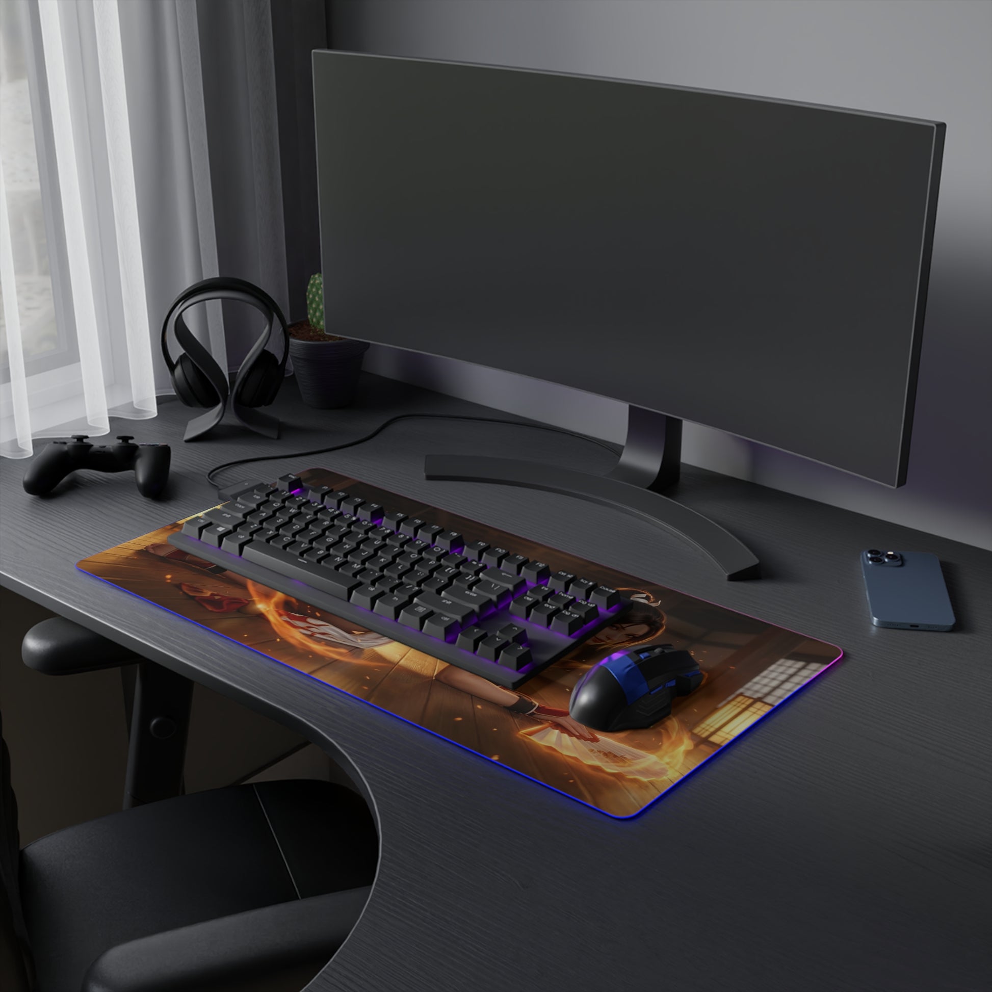 Fatal Fury Mouse Pad – Mai Shiranui LED RGB Desk Mat, Fighting Game Decor, Gift for Gamer on dark gaming desk with keyboard and mouse, fiery dojo art