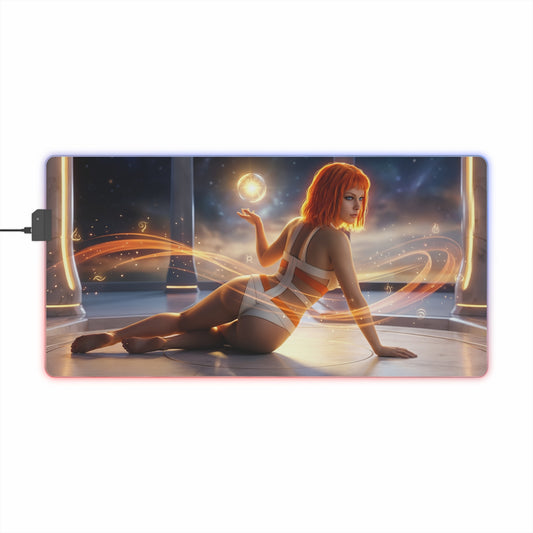 The Fifth Element Mouse Pad – Leeloo LED RGB Desk Mat, Sci-Fi Gamer Room Decor, Gift for Movie Fan featuring Leeloo in glowing sci‑fi chamber with RGB lighting