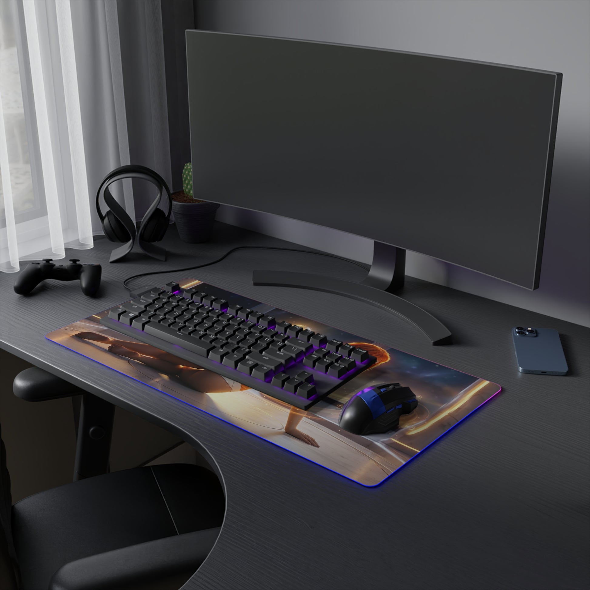 The Fifth Element Mouse Pad – Leeloo LED RGB Desk Mat, Sci-Fi Gamer Room Decor, Gift for Movie Fan on curved gaming desk with keyboard and RGB lighting