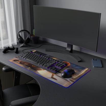 The Fifth Element Mouse Pad – Leeloo LED RGB Desk Mat, Sci-Fi Gamer Room Decor, Gift for Movie Fan on curved gaming desk with keyboard and RGB lighting