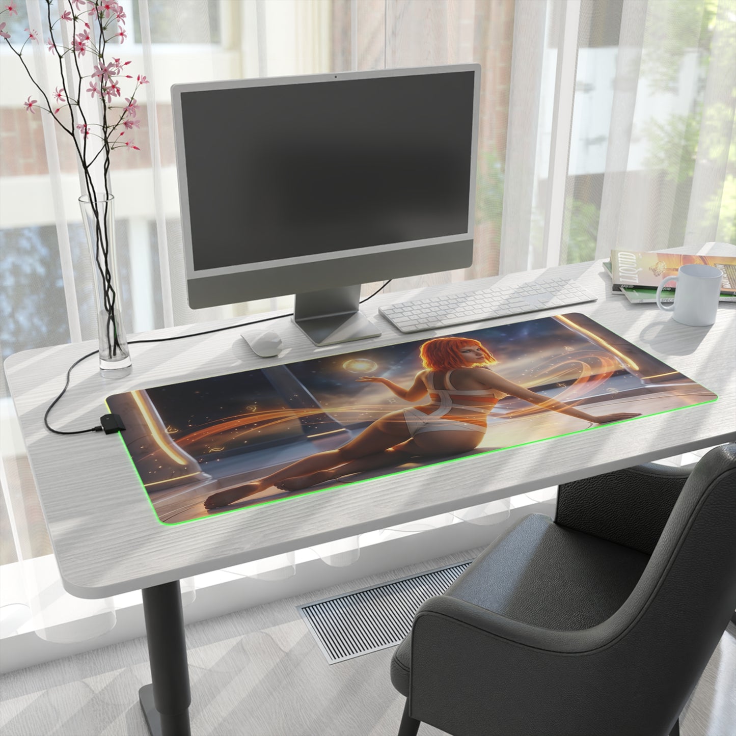 The Fifth Element Mouse Pad – Leeloo LED RGB Desk Mat, Sci-Fi Gamer Room Decor, Gift for Movie Fan on modern desk with RGB edge and cinematic Leeloo artwork