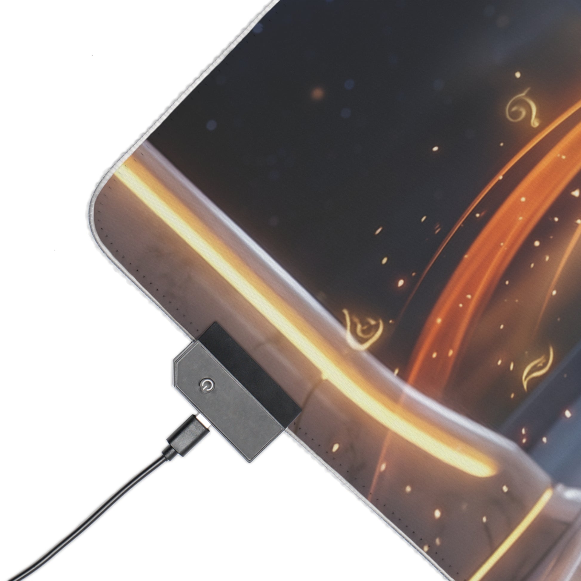 The Fifth Element Mouse Pad – Leeloo LED RGB Desk Mat, Sci-Fi Gamer Room Decor, Gift for Movie Fan — corner view with glowing LED strip and USB connector