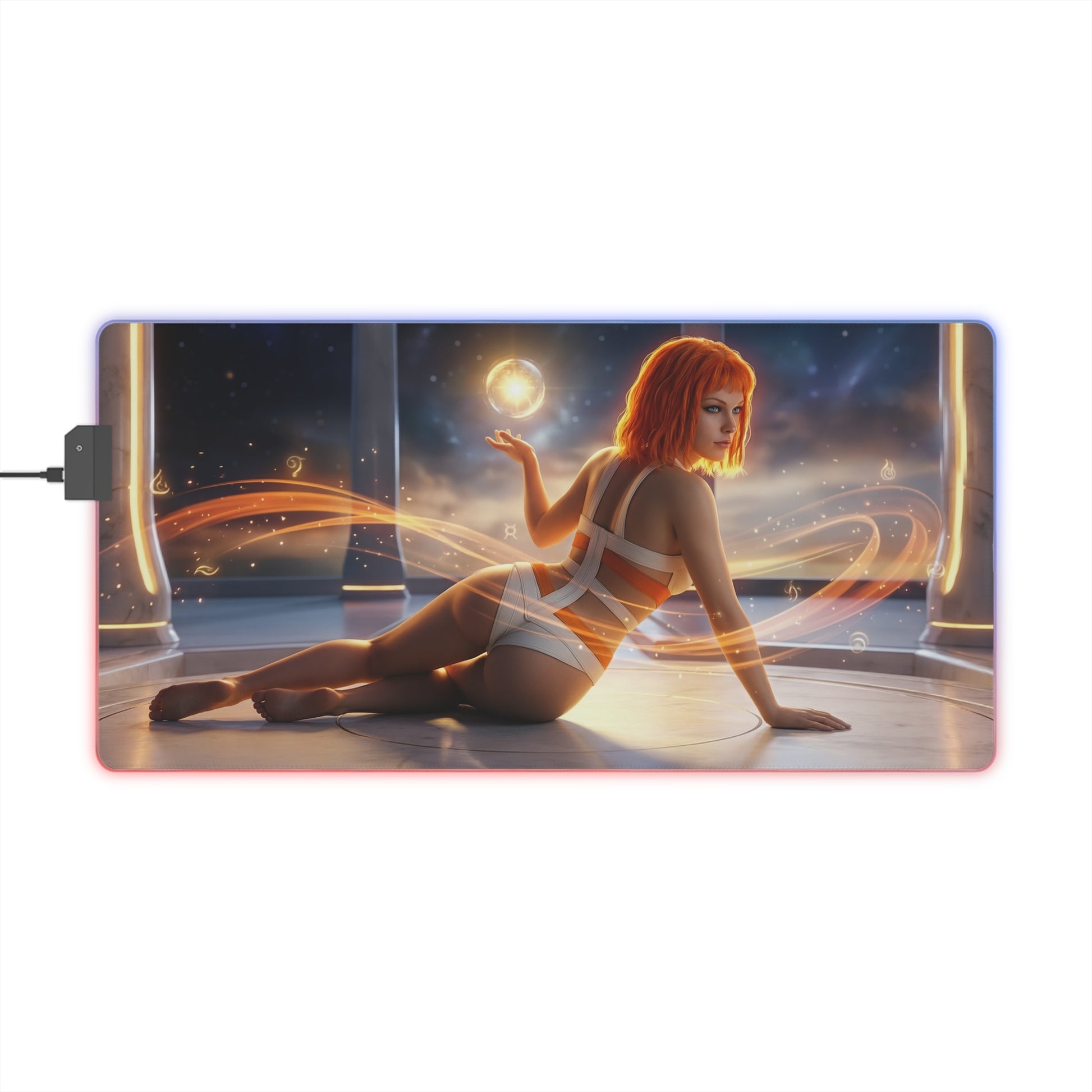 The Fifth Element Mouse Pad – Leeloo LED RGB Desk Mat, Sci-Fi Gamer Room Decor, Gift for Movie Fan showing Leeloo in glowing sci‑fi chamber with RGB edge lighting