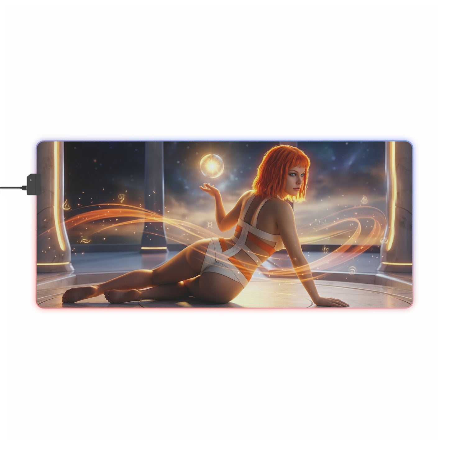 The Fifth Element Mouse Pad – Leeloo LED RGB Desk Mat, Sci-Fi Gamer Room Decor, Gift for Movie Fan featuring Leeloo in luminous sci‑fi chamber with glowing energy accents